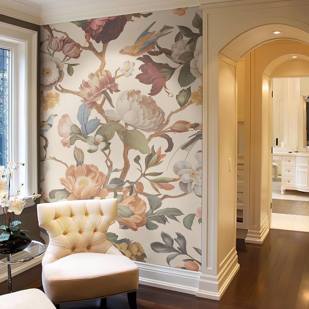 Vintage Floral Peel-and-Stick Wall Mural, Canvas Wallpaper for Room & TV Accent Walls