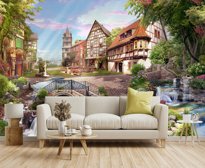 Mountain Stream Forest Wall Mural with Sunlight, Non-Adhesive Wallpaper
