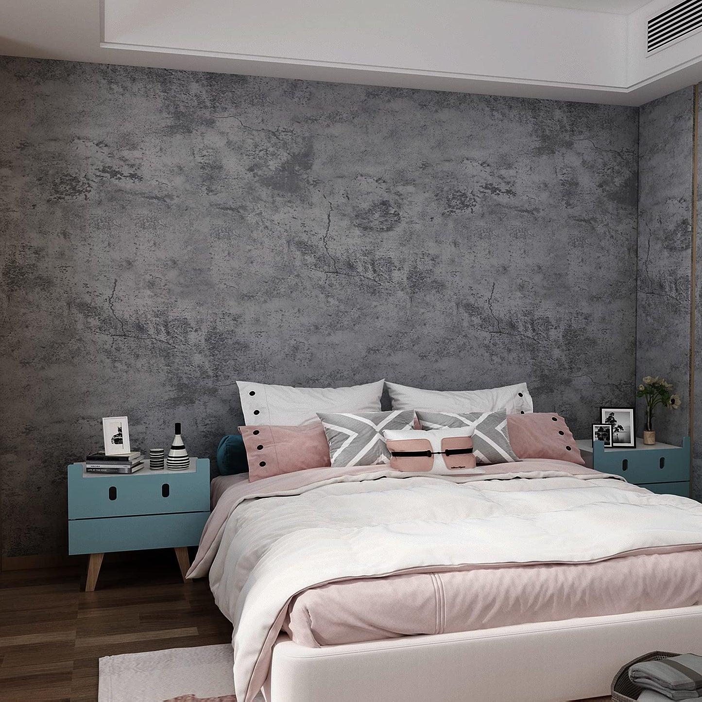 Blue Grey Concrete Wallpaper, Faux Cement Wall Covering for Bedroom