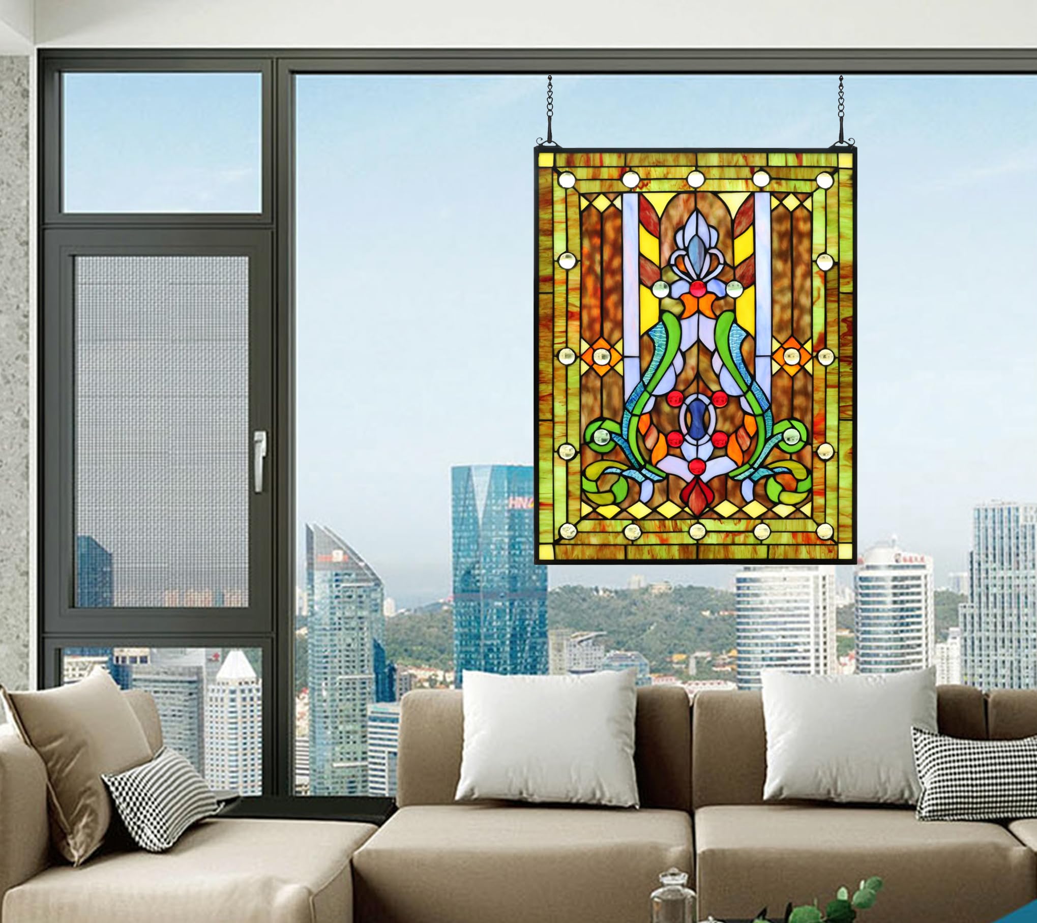 Large Stained Glass Window Hanging, Real Flower Panel for Home Decor, 18.9"×24.8"