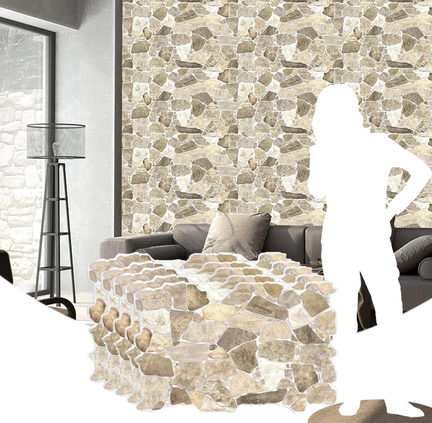 3D Faux Stone PVC Wall Panels, Brown Beige, Pack of 10