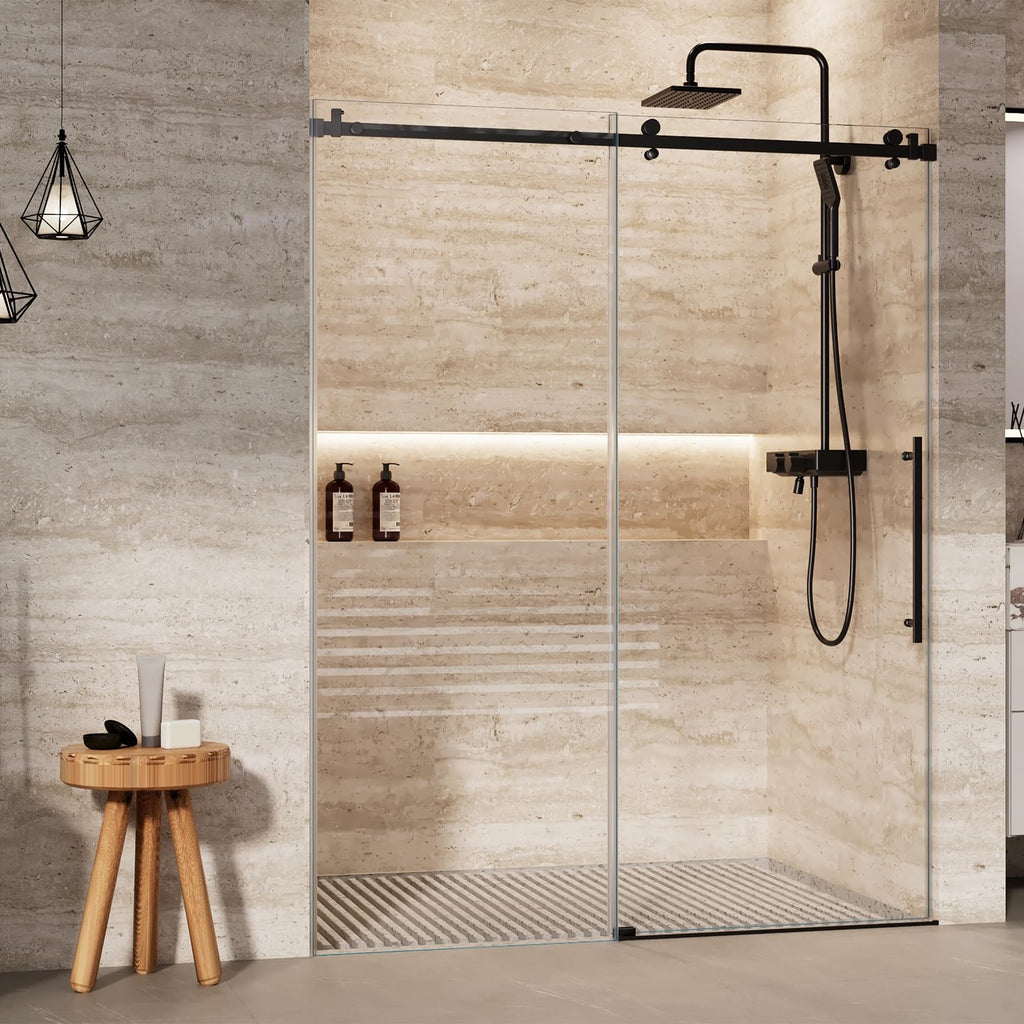 Frameless Sliding Shower Door with Clear Tempered Glass and Stainless Steel Hardware