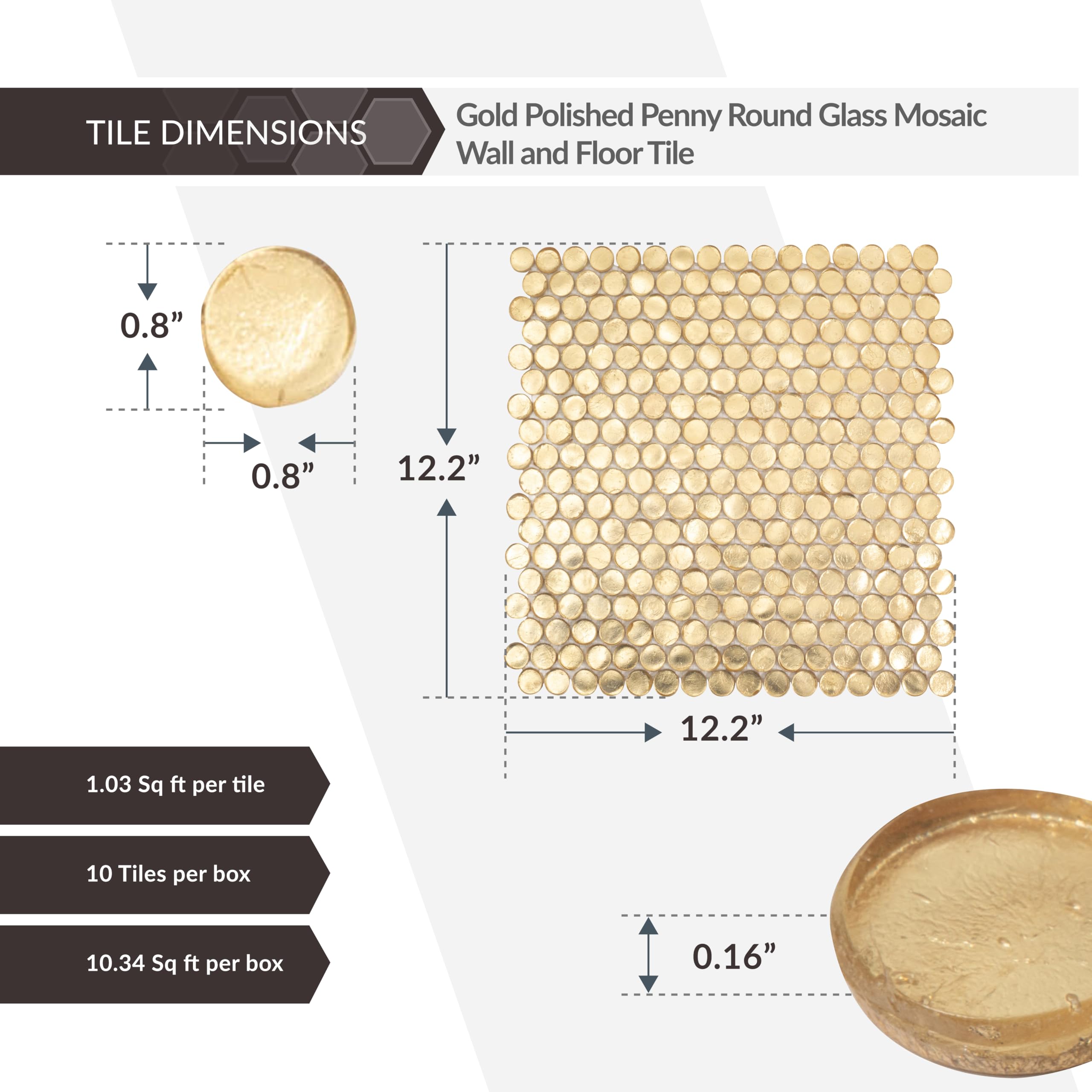 Gold Glass Penny Round Mosaic Tile 12.2" × 12.2", 10-Pack for Kitchen, Bathroom & Walls