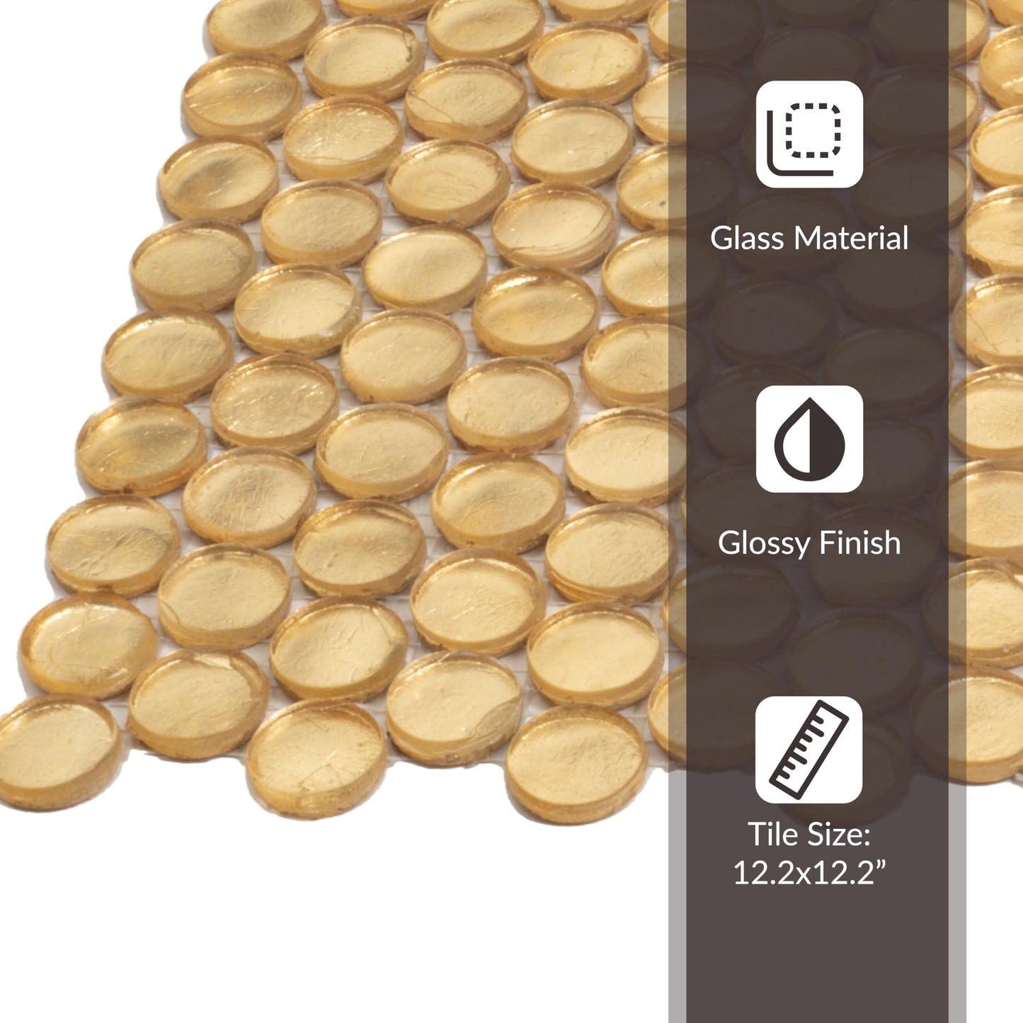 Gold Glass Penny Round Mosaic Tile 12.2" × 12.2", 10-Pack for Kitchen, Bathroom & Walls