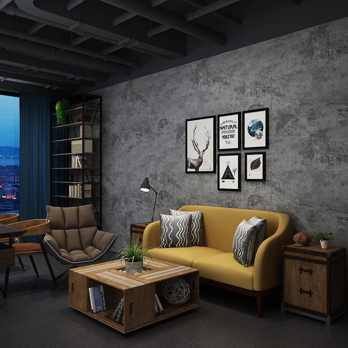 Blue Grey Concrete Wallpaper, Faux Cement Wall Covering for Bedroom