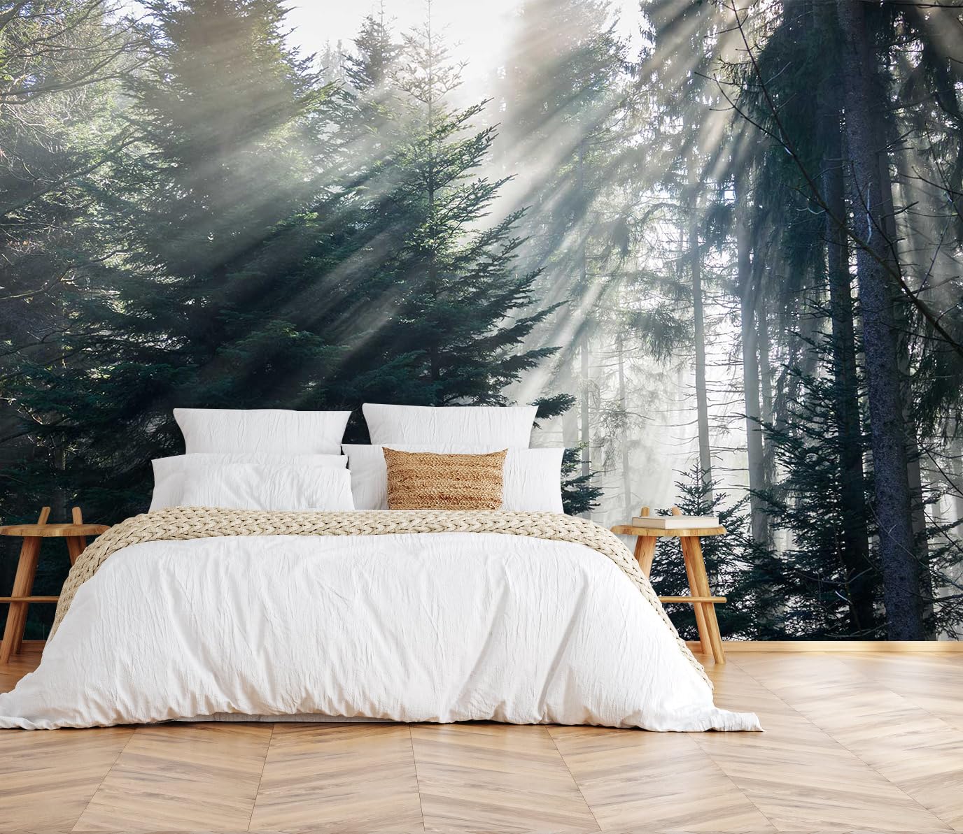 Mountain Stream Forest Wall Mural with Sunlight, Non-Adhesive Wallpaper