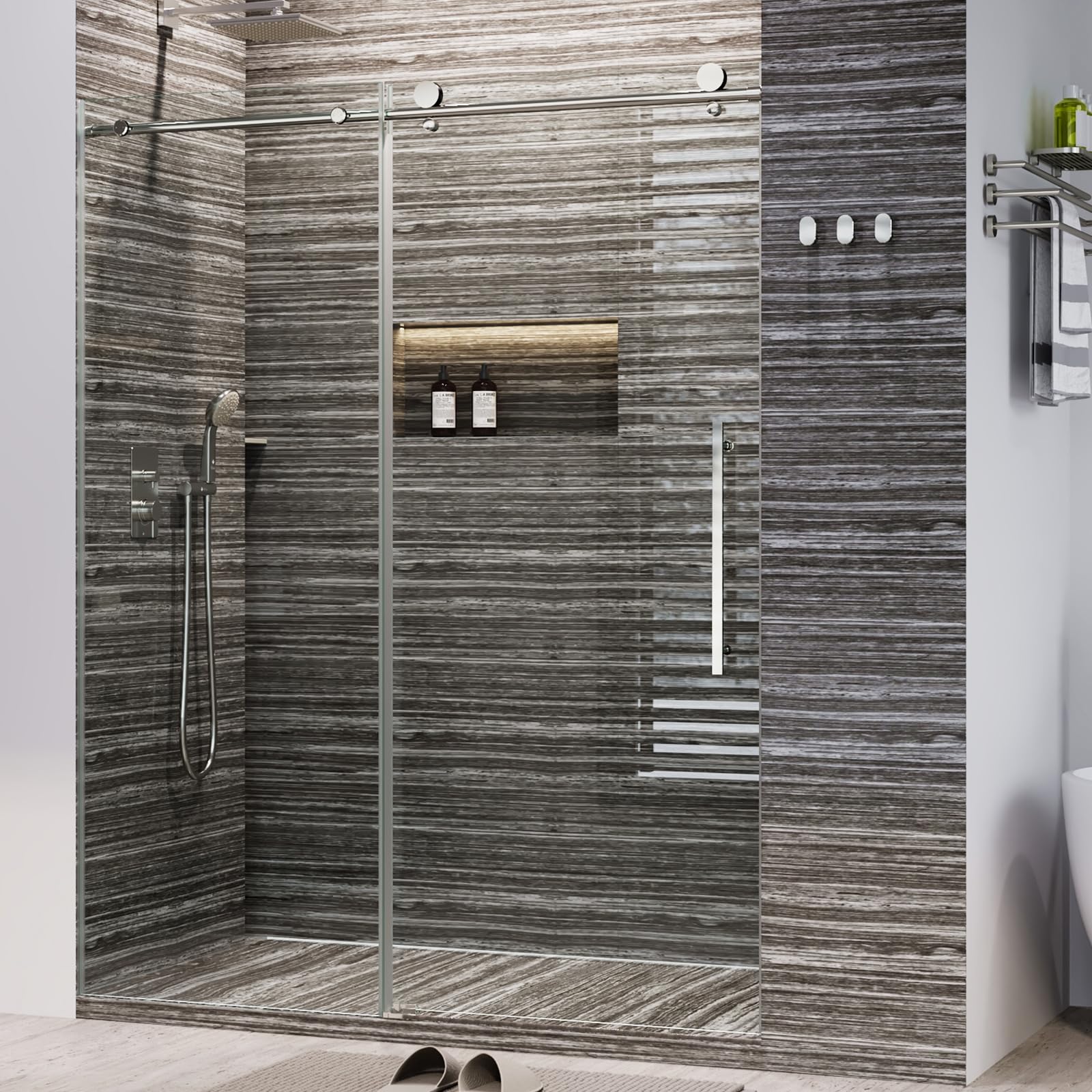 Frameless Sliding Shower Door with Clear Tempered Glass and Stainless Steel Hardware