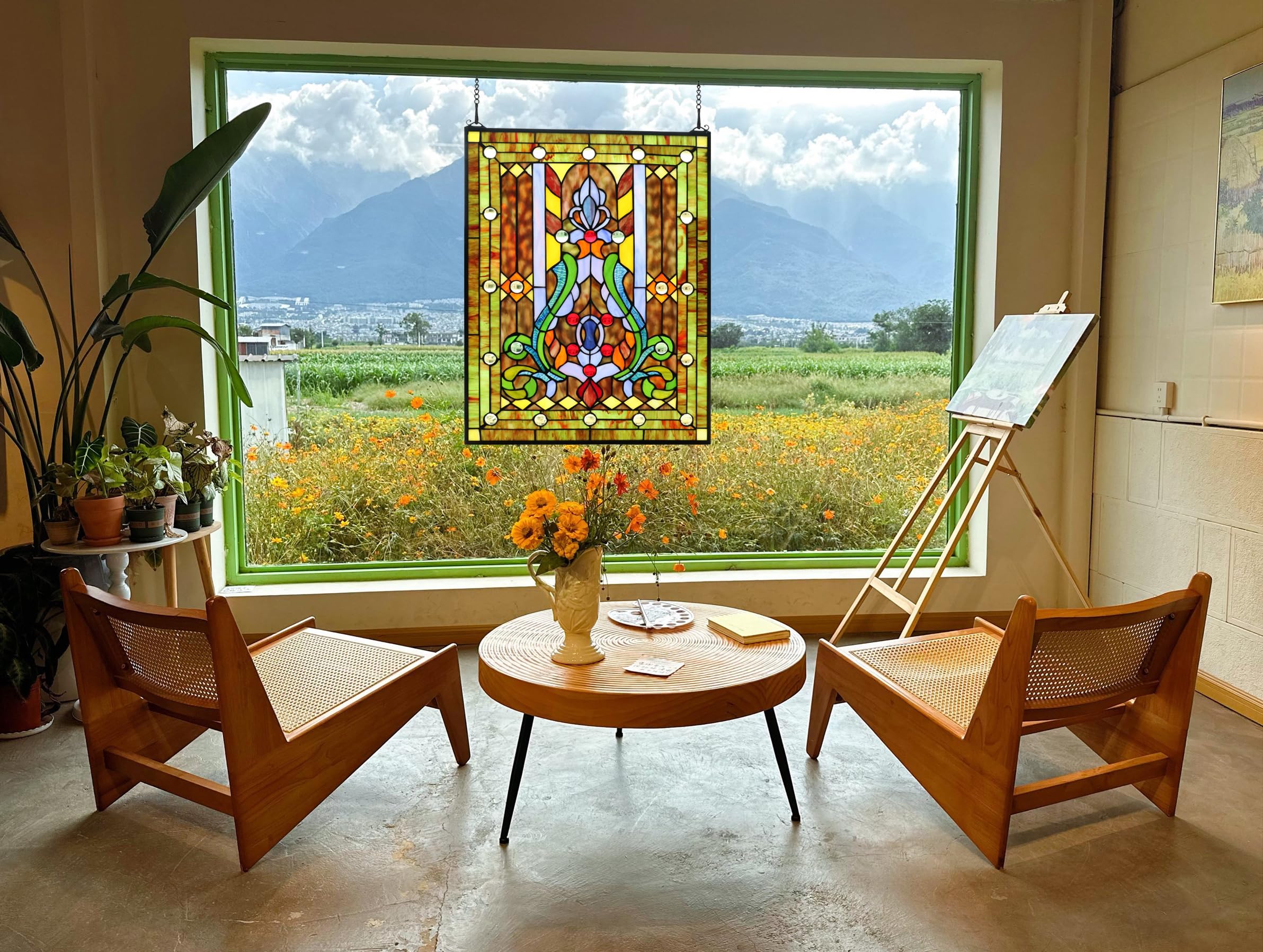 Large Stained Glass Window Hanging, Real Flower Panel for Home Decor, 18.9"×24.8"
