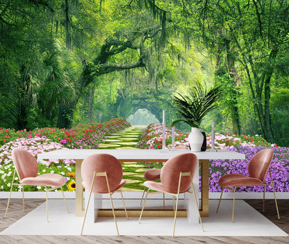 Mountain Stream Forest Wall Mural with Sunlight, Non-Adhesive Wallpaper