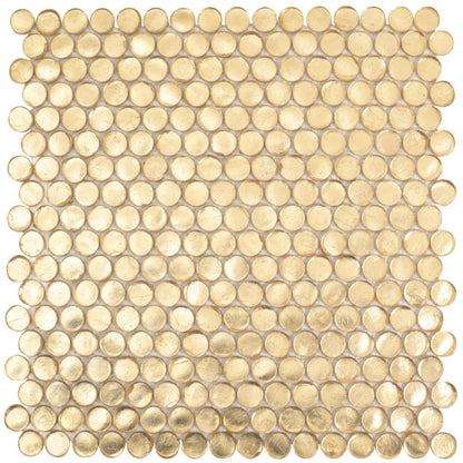 Gold Glass Penny Round Mosaic Tile 12.2" × 12.2", 10-Pack for Kitchen, Bathroom & Walls