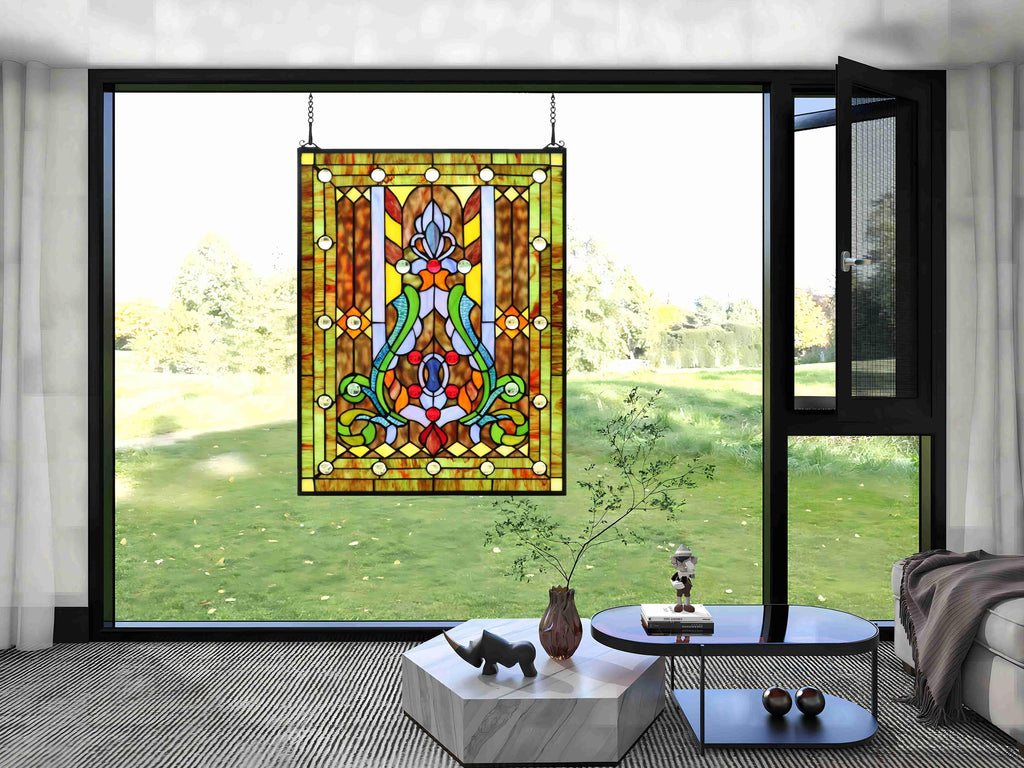 Large Stained Glass Window Hanging, Real Flower Panel for Home Decor, 18.9"×24.8"