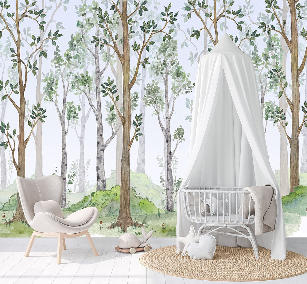 Peel-and-Stick Watercolor Birch Tree Forest Wallpaper, Removable Nursery Mural